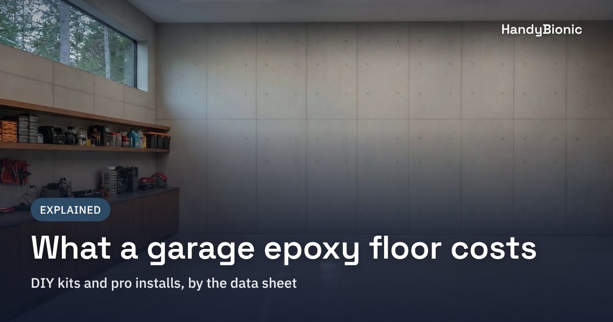 Title card: What a garage epoxy floor costs, over a photo of an empty garage with a gray concrete floor