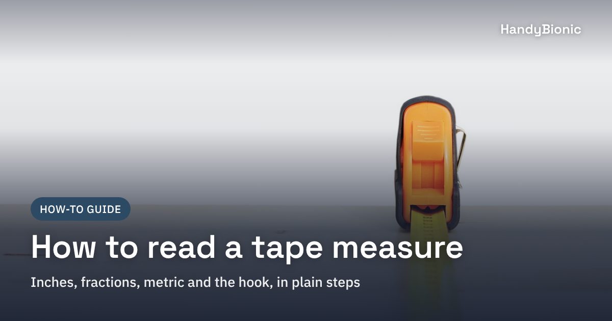 Orange tape measure with the yellow blade pulled out across a pine board, front view